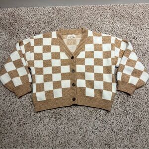 Listicle Tan and Cream Checkered Cardigan